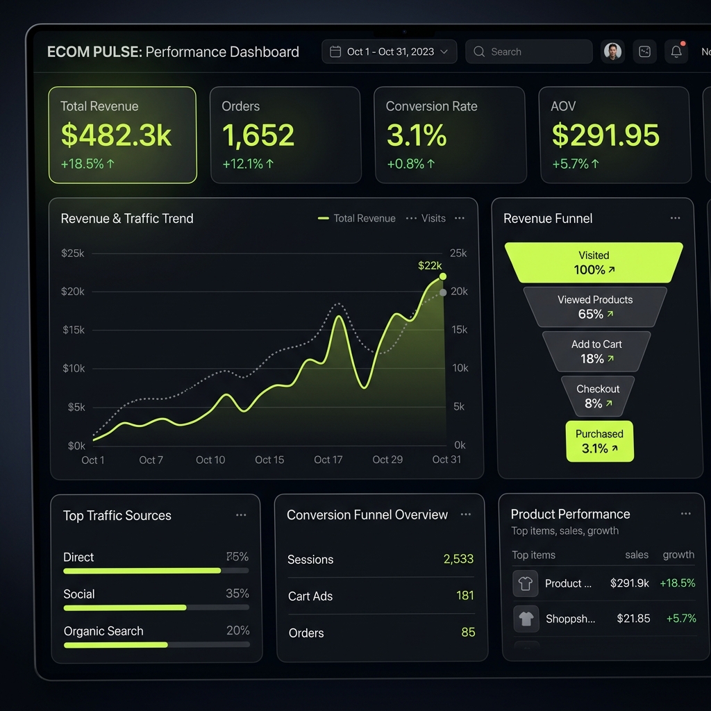 Ecommerce performance analytics dashboard showing revenue metrics, conversion rates, and structured data visualization